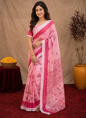  baby pink chanderi cotton blend printed  1 minute ready to wear saree with unstitched blouse piece 2