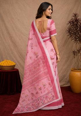  baby pink chanderi cotton blend printed  1 minute ready to wear saree with unstitched blouse piece 3