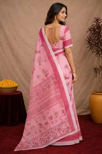  baby pink chanderi cotton blend printed  1 minute ready to wear saree with unstitched blouse piece