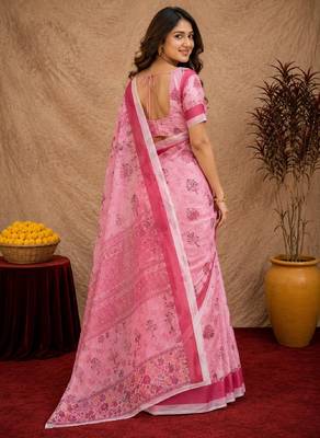  baby pink chanderi cotton blend printed  1 minute ready to wear saree with unstitched blouse piece 4