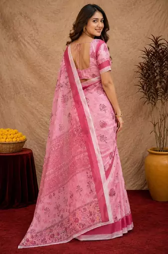  baby pink chanderi cotton blend printed  1 minute ready to wear saree with unstitched blouse piece