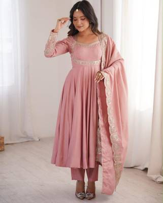 Pink silk blend embroidered anarkali set 1