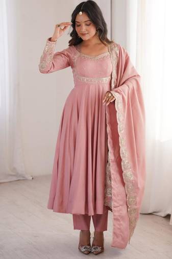 Pink silk blend embroidered anarkali set