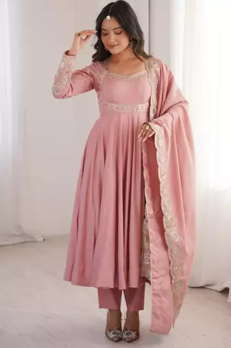 Pink silk blend embroidered anarkali set