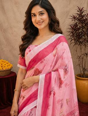  baby pink chanderi cotton blend printed  1 minute ready to wear saree with unstitched blouse piece 5