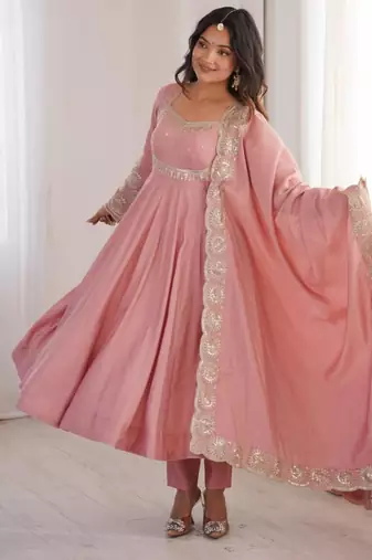 Pink silk blend embroidered anarkali set