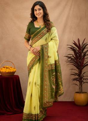  lemon mehendi chanderi cotton blend printed 1 minute ready to wear saree with unstitched blouse piece 1