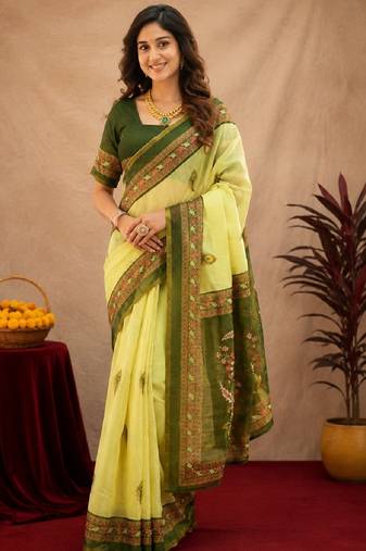  lemon mehendi chanderi cotton blend printed 1 minute ready to wear saree with unstitched blouse piece