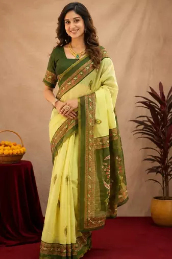  lemon mehendi chanderi cotton blend printed 1 minute ready to wear saree with unstitched blouse piece