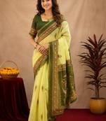  lemon mehendi chanderi cotton blend printed 1 minute ready to wear saree with unstitched blouse piece