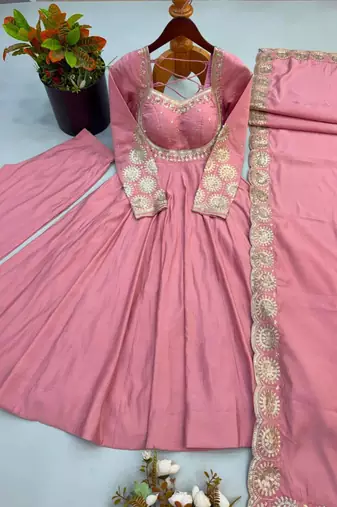 Pink silk blend embroidered anarkali set
