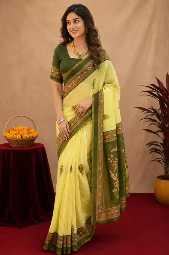  lemon mehendi chanderi cotton blend printed 1 minute ready to wear saree with unstitched blouse piece