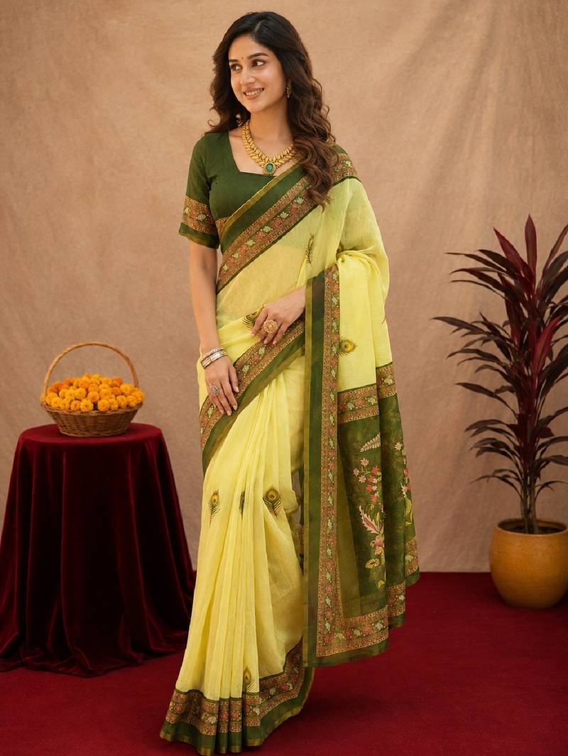  lemon mehendi chanderi cotton blend printed 1 minute ready to wear saree with unstitched blouse piece