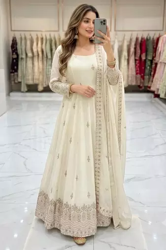 Cream silk blend embroidered flared gown set