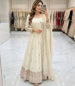 Cream silk blend embroidered flared gown set