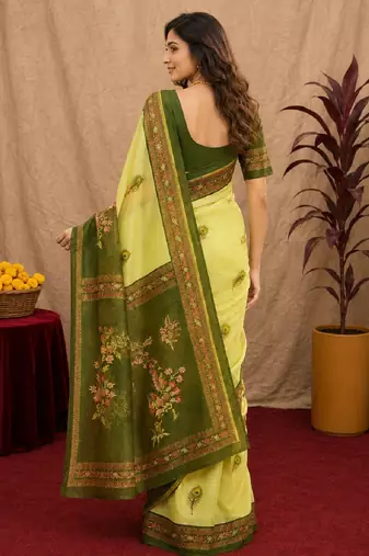  lemon mehendi chanderi cotton blend printed 1 minute ready to wear saree with unstitched blouse piece