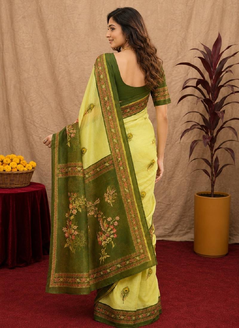  lemon mehendi chanderi cotton blend printed 1 minute ready to wear saree with unstitched blouse piece