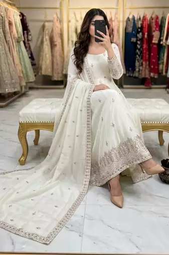 Cream silk blend embroidered flared gown set