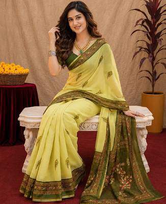  lemon mehendi chanderi cotton blend printed 1 minute ready to wear saree with unstitched blouse piece 4