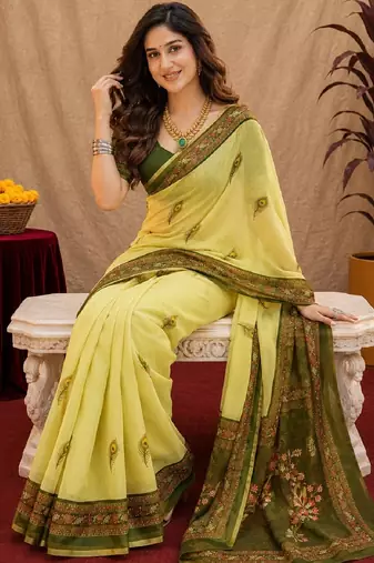  lemon mehendi chanderi cotton blend printed 1 minute ready to wear saree with unstitched blouse piece