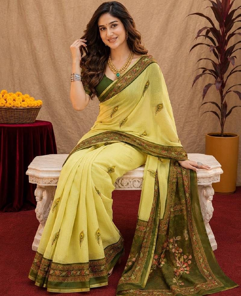  lemon mehendi chanderi cotton blend printed 1 minute ready to wear saree with unstitched blouse piece