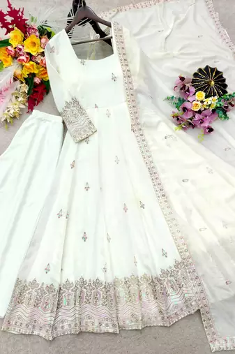 Cream silk blend embroidered flared gown set