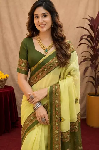  lemon mehendi chanderi cotton blend printed 1 minute ready to wear saree with unstitched blouse piece