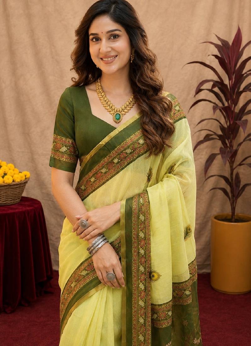  lemon mehendi chanderi cotton blend printed 1 minute ready to wear saree with unstitched blouse piece