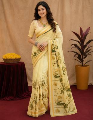  cream green chanderi cotton blend printed  1 minute ready to wear saree with unstitched blouse piece 1