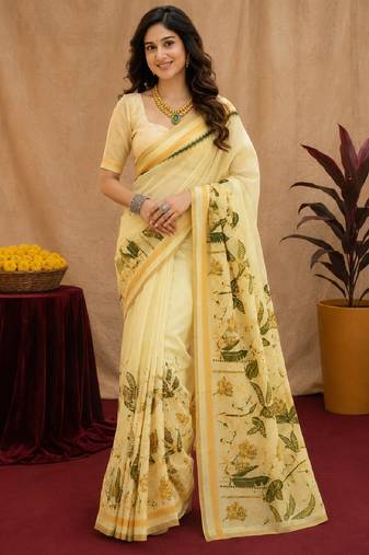  cream green chanderi cotton blend printed  1 minute ready to wear saree with unstitched blouse piece