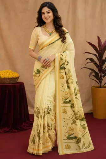  cream green chanderi cotton blend printed  1 minute ready to wear saree with unstitched blouse piece