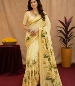  cream green chanderi cotton blend printed  1 minute ready to wear saree with unstitched blouse piece