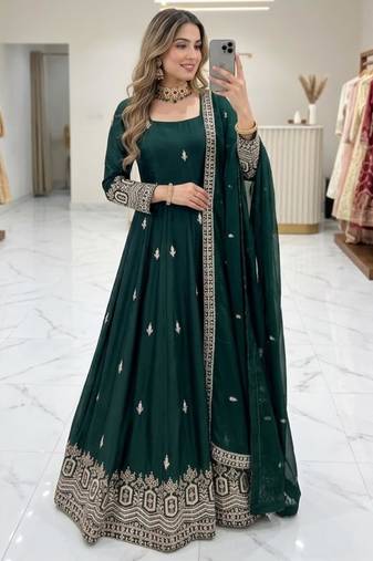 Dark-green silk blend embroidered flared gown set