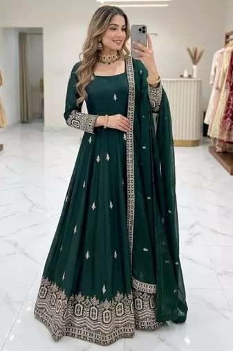 Dark-green silk blend embroidered flared gown set