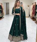 Dark-green silk blend embroidered flared gown set
