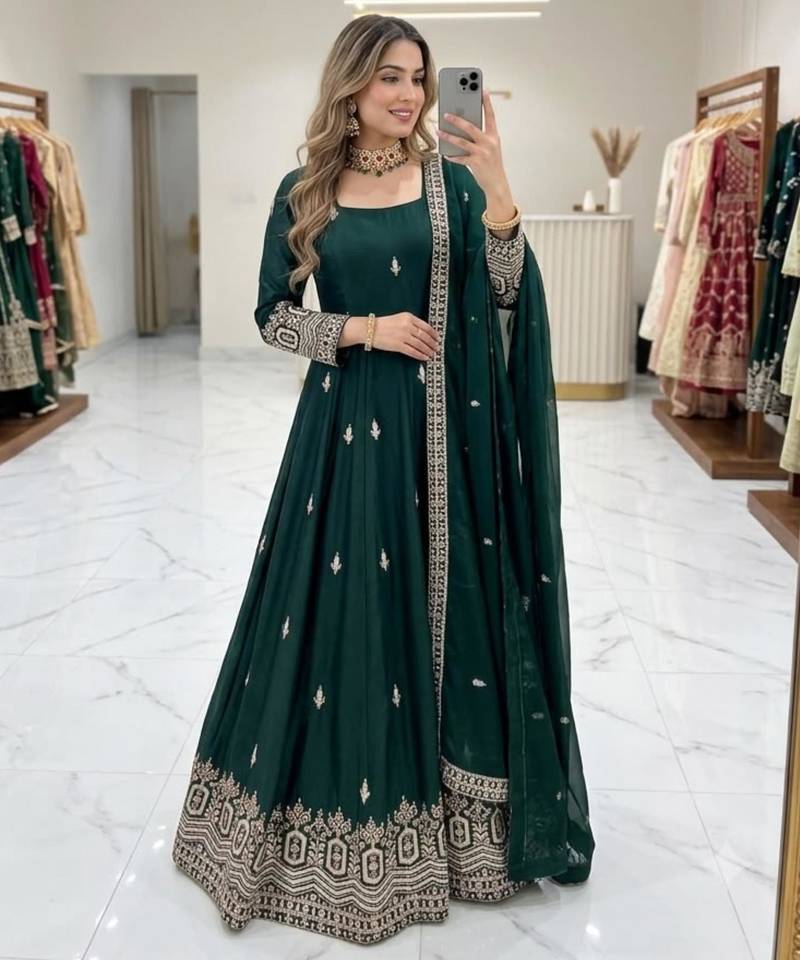 Dark-green silk blend embroidered flared gown set