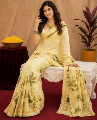  cream green chanderi cotton blend printed  1 minute ready to wear saree with unstitched blouse piece 2