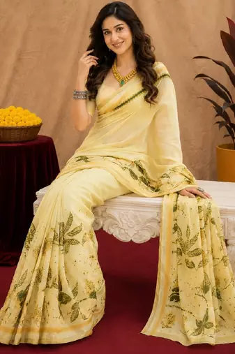  cream green chanderi cotton blend printed  1 minute ready to wear saree with unstitched blouse piece