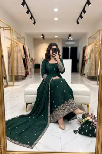 Dark-green silk blend embroidered flared gown set