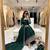 Dark-green silk blend embroidered flared gown set