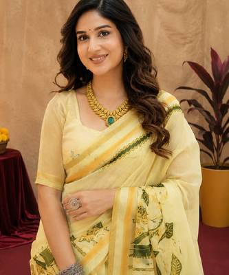  cream green chanderi cotton blend printed  1 minute ready to wear saree with unstitched blouse piece 3