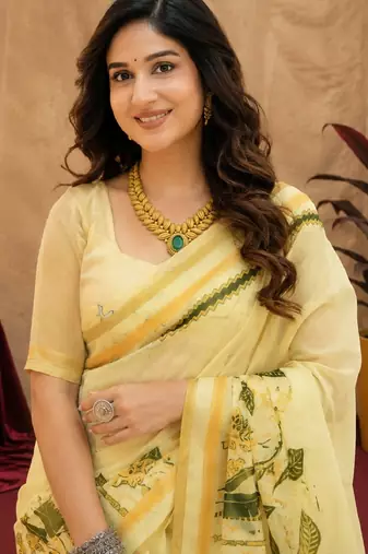  cream green chanderi cotton blend printed  1 minute ready to wear saree with unstitched blouse piece