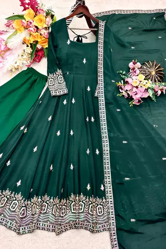 Dark-green silk blend embroidered flared gown set
