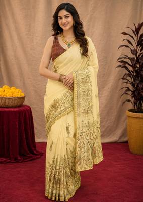  cream maroon chanderi cotton blend printed  1 minute ready to wear saree with unstitched blouse piece 1
