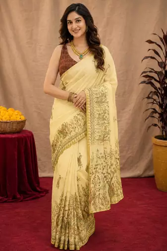  cream maroon chanderi cotton blend printed  1 minute ready to wear saree with unstitched blouse piece