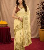  cream maroon chanderi cotton blend printed  1 minute ready to wear saree with unstitched blouse piece