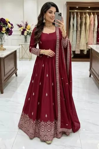 Maroon silk blend embroidered flared gown set
