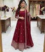 Maroon silk blend embroidered flared gown set