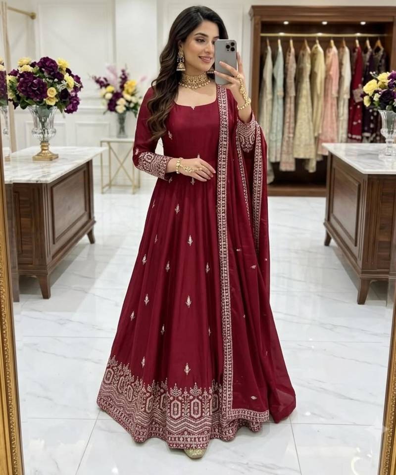 Maroon silk blend embroidered flared gown set