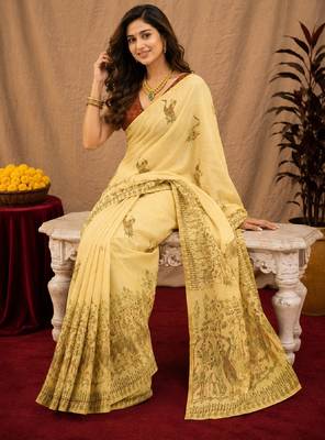  cream maroon chanderi cotton blend printed  1 minute ready to wear saree with unstitched blouse piece 2